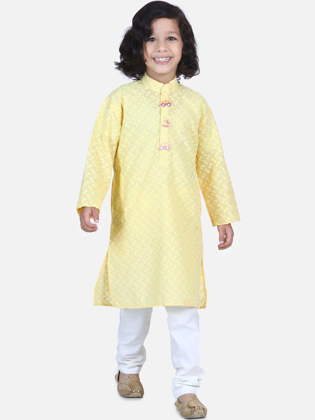 lilpicks boys yellow & white embroidered chikankari cotton kurta with pyjamas