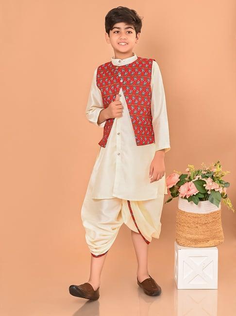 lilpicks kids beige & maroon floral print full sleeves kurta, dhoti with jacket