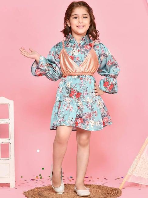 lilpicks kids blue & orange floral print full sleeves dress