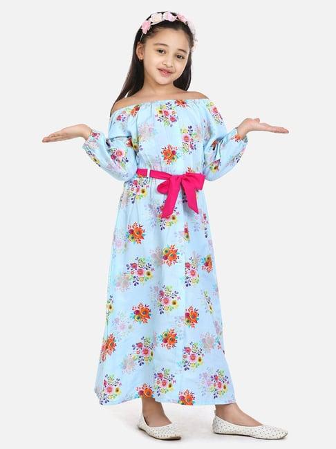 lilpicks kids blue & pink cotton floral print full sleeves dress