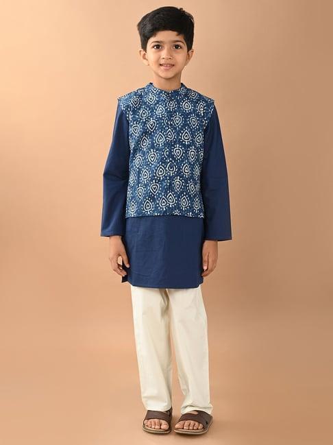 lilpicks kids blue & white printed full sleeves kurta, pyjamas with nehru jacket