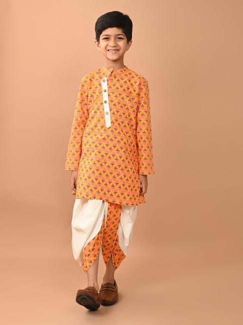 lilpicks kids mustard & white floral print full sleeves kurta with dhoti