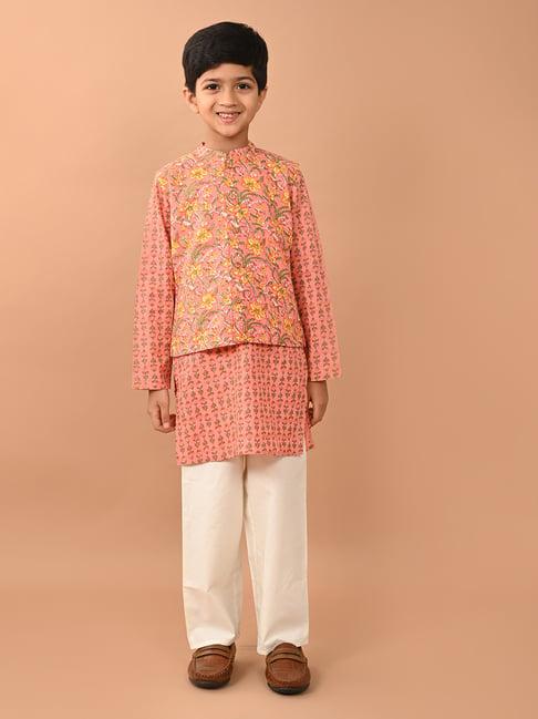 lilpicks kids peach & white floral print full sleeves kurta, jacket with pyjamas