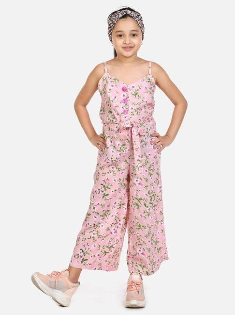 lilpicks kids pink & green cotton floral print jumpsuit