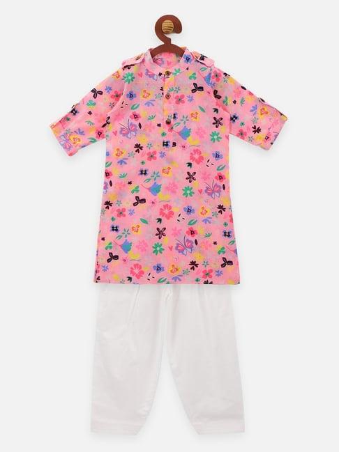 lilpicks kids pink & white cotton floral print full sleeves kurta set
