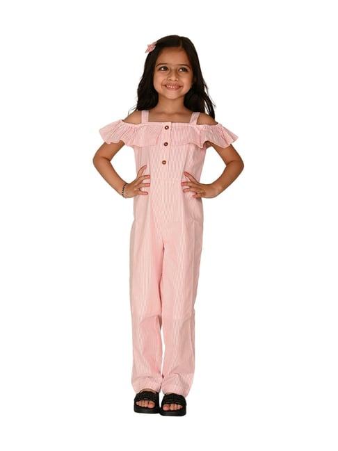 lilpicks kids pink & white cotton striped jumpsuit