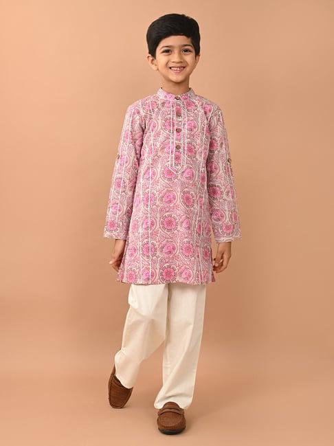 lilpicks kids pink & white floral print full sleeves kurta with pyjamas