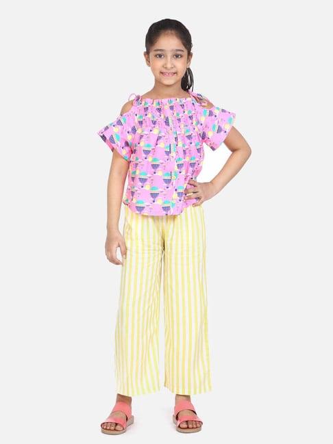 lilpicks kids pink & yellow cotton printed top set