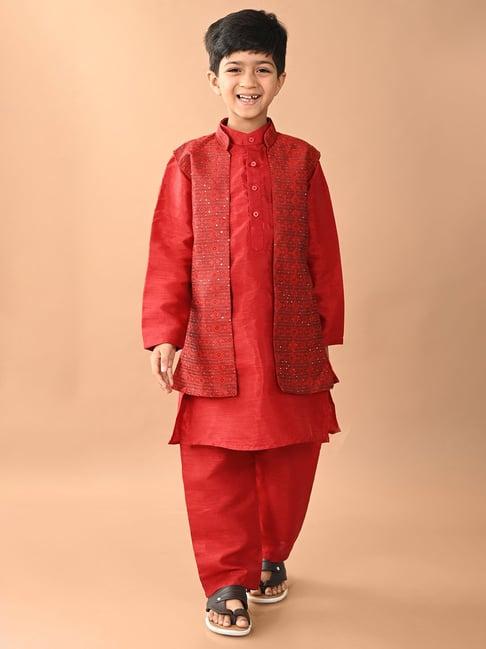 lilpicks kids red embellished full sleeves kurta, pyjamas with jacket