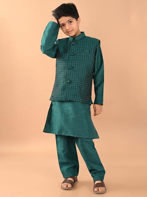 lilpicks kids teal embroidered full sleeves kurta, pyjamas with nehru jacket