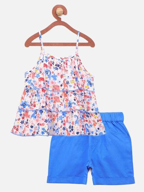 lilpicks kids white & blue cotton floral print top set