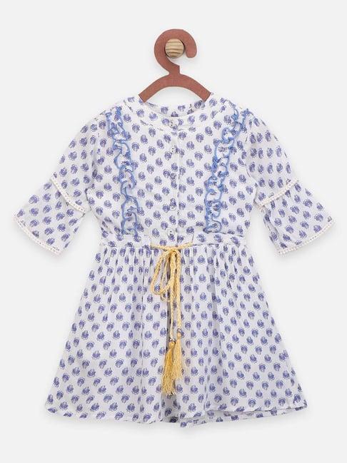 lilpicks kids white & blue cotton printed full sleeves dress