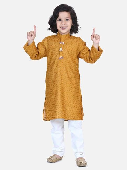 lilpicks kids yellow & white cotton embroidered full sleeves kurta set