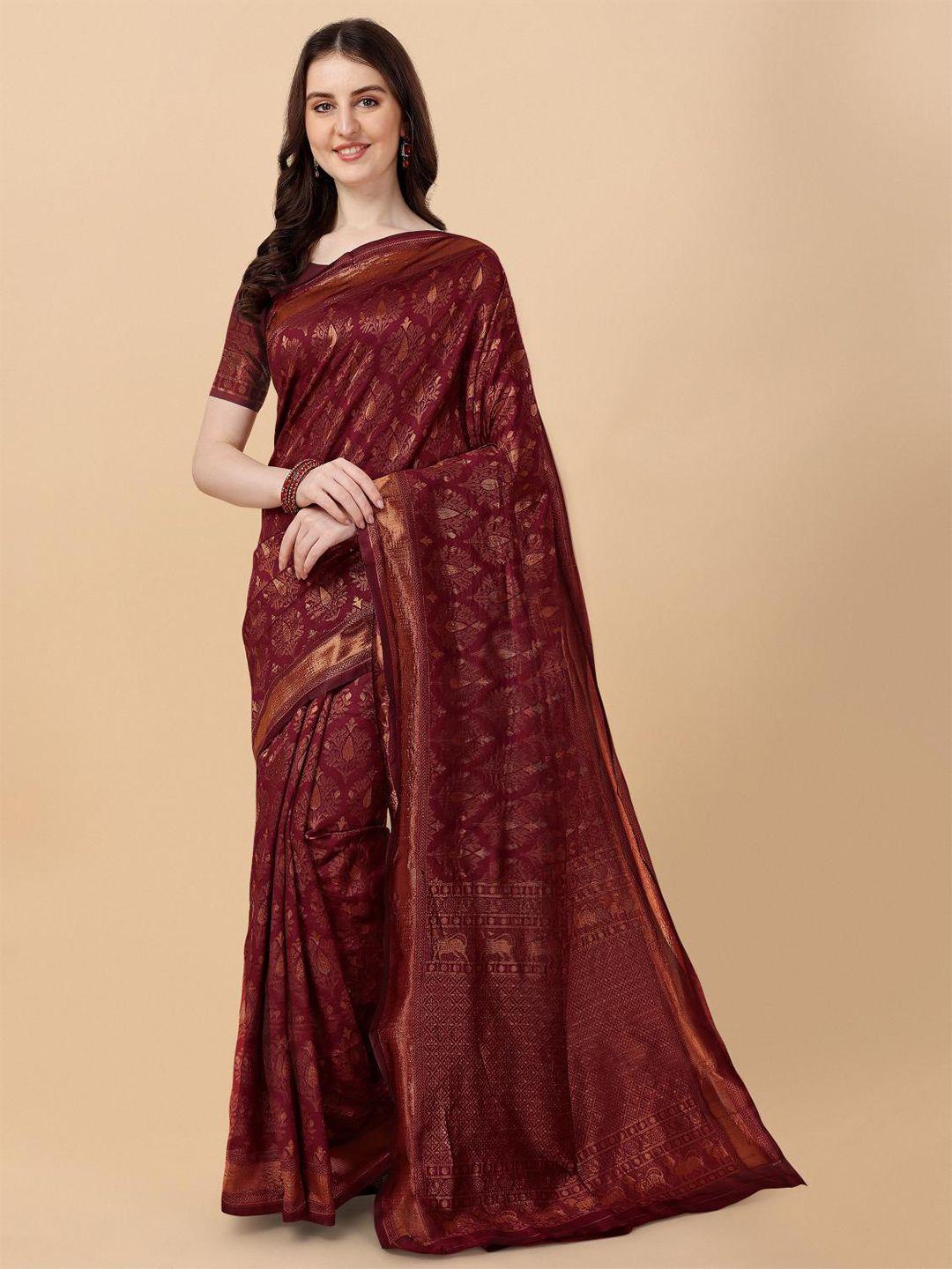 limdo maroon & goldtoned ethnic woven design zari pure silk banarasi saree