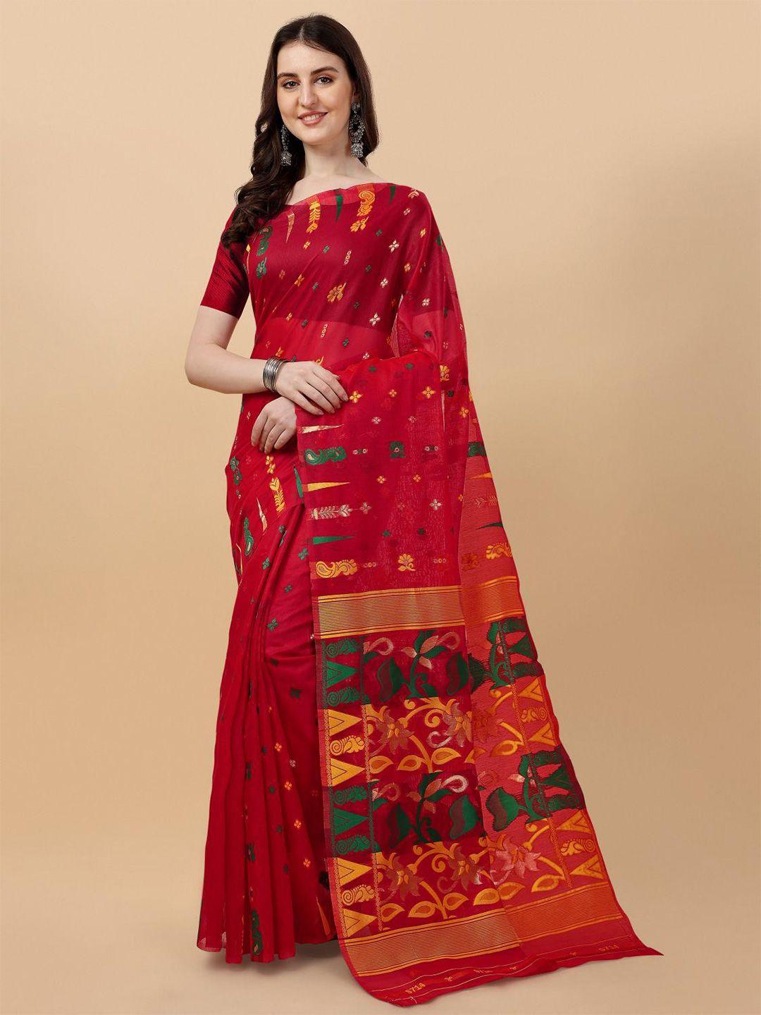 limdo red ethnic woven design pure cotton jamdani saree
