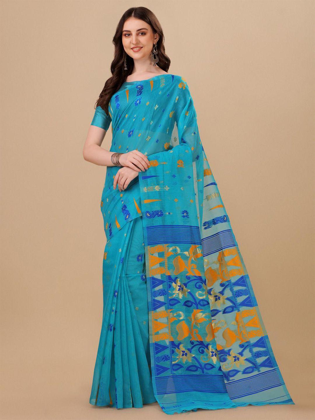limdo sea green and orange ethnic woven design pure cotton jamdani saree