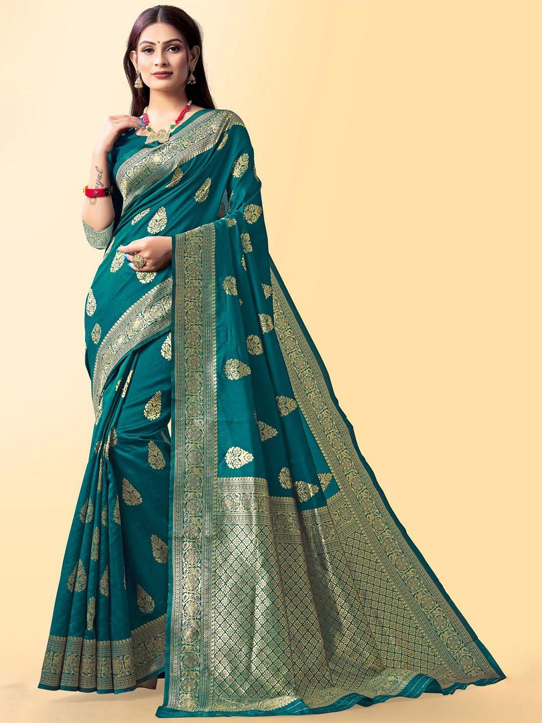 limdo teal & gold-toned woven design zari pure silk banarasi saree