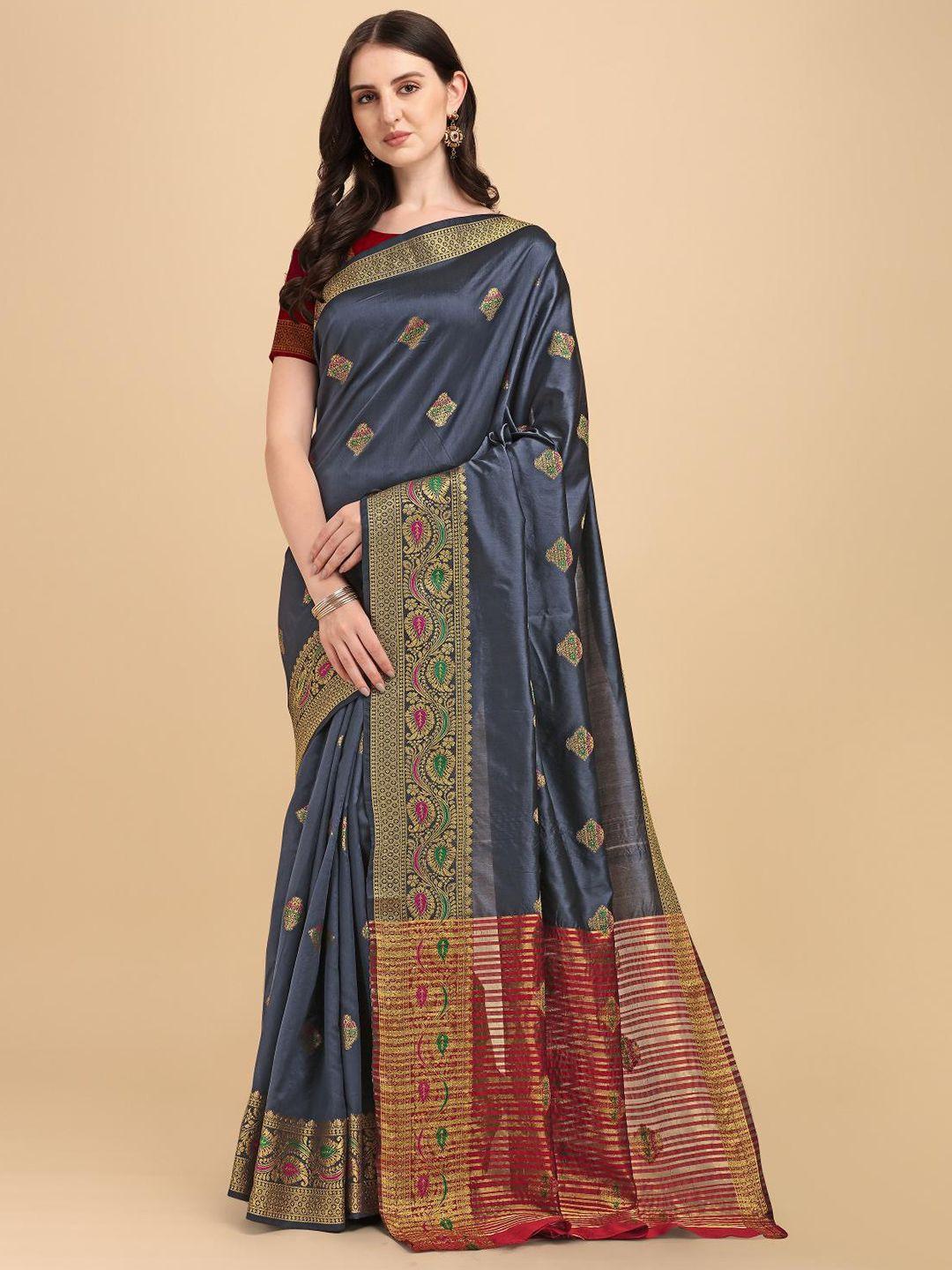 limdo grey & red woven design zari pure silk banarasi saree