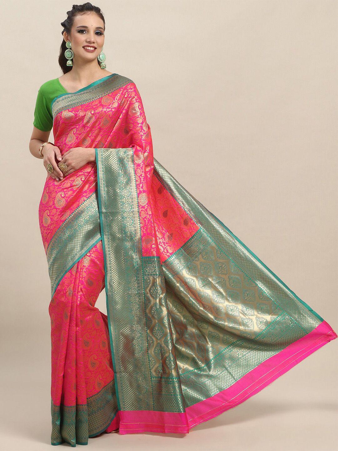 limdo pink and green ethnic woven design pure silk banarasi saree