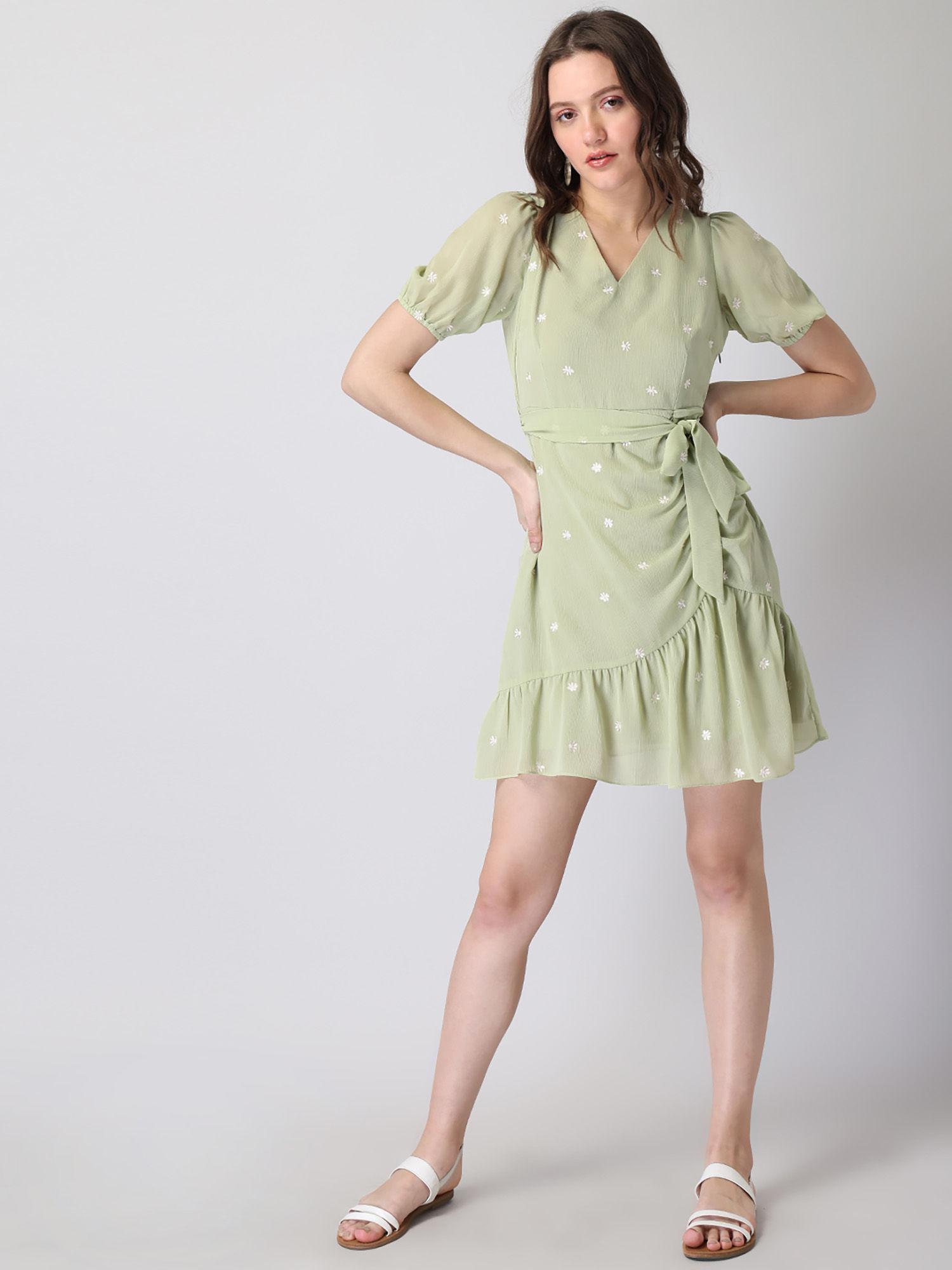 lime embroidered ruched belted dress