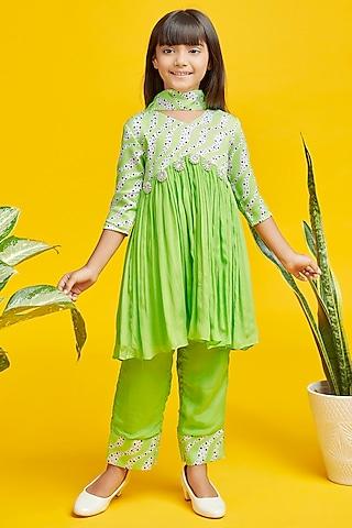 lime-green-cotton-satin-&-chinon-printed-kurta-for-girls