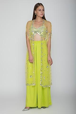 lime green embroidered blouse with palazzo pants & net cape