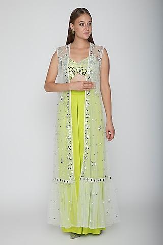lime green embroidered blouse with palazzo pants & white cape