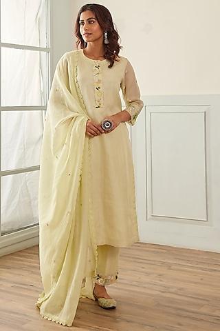 lime green organza french knot & sequins embellished straight kurta set