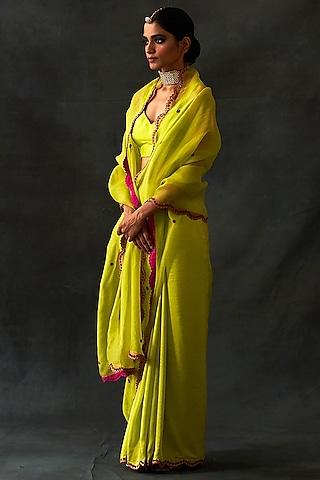 lime habutai silk & organza embellished saree