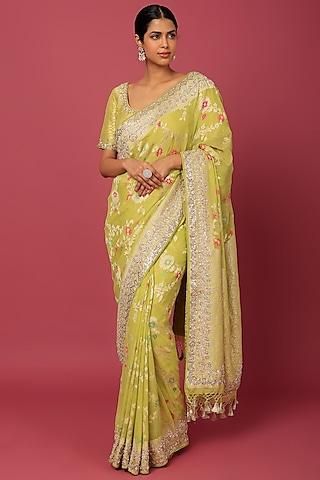 lime yellow bemberg georgette embroidered saree set