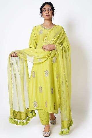 lime yellow chanderi gota embroidered kurta set