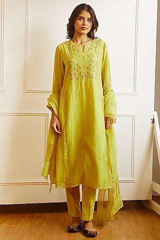 lime yellow embroidered kurta set