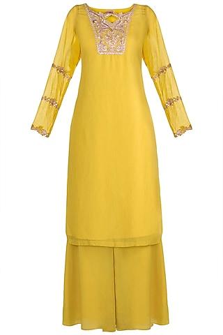 lime yellow organza embellished kurta set for girls