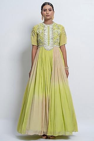 lime & beige ombre embellished gown