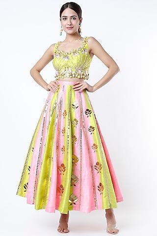 lime & blush pink embroidered half-lehenga set