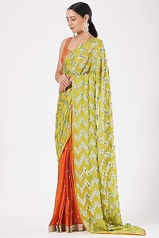 lime & orange georgette sequins chevron embroidered pre-pleated saree set