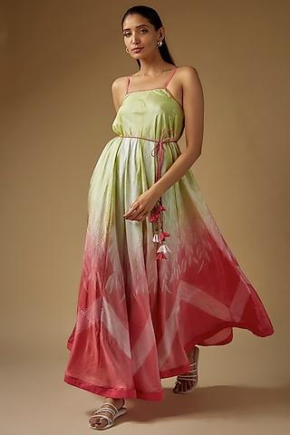 lime & peach pure silk shibori printed maxi dress