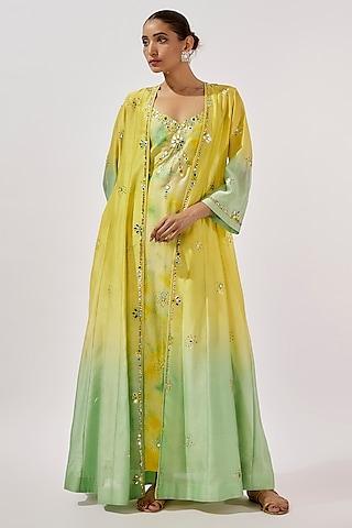 lime & teal chanderi silk mirror hand embroidered ombre flared cape set