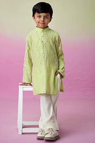 lime chanderi mirror embroidered kurta set for boys