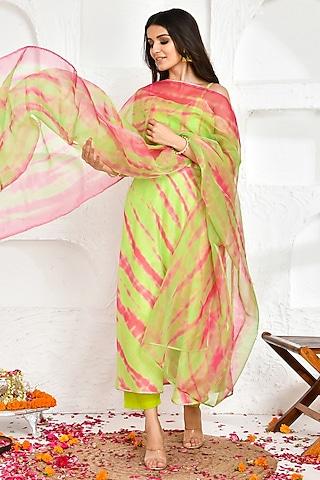 lime chanderi shibori printed kurta set