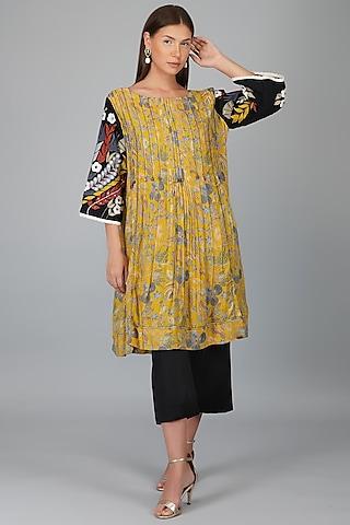 lime cotton printed & embroidered pleated tunic set