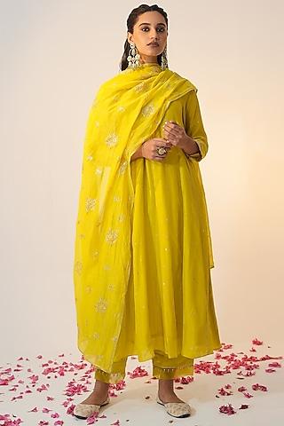 lime cotton silk block printed & hand embroidered a-line kurta set