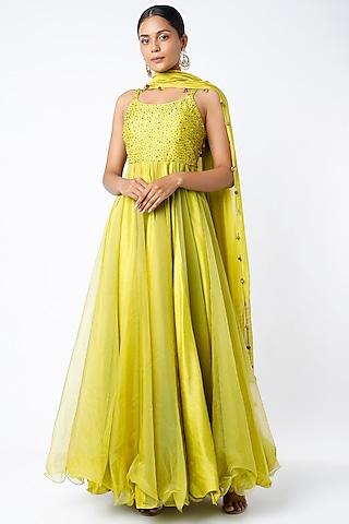 lime embellished anarkali set