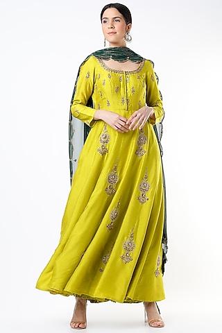 lime embroidered anarkali set