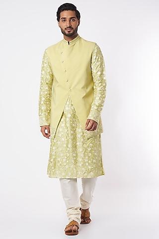 lime embroidered kurta set with bundi jacket