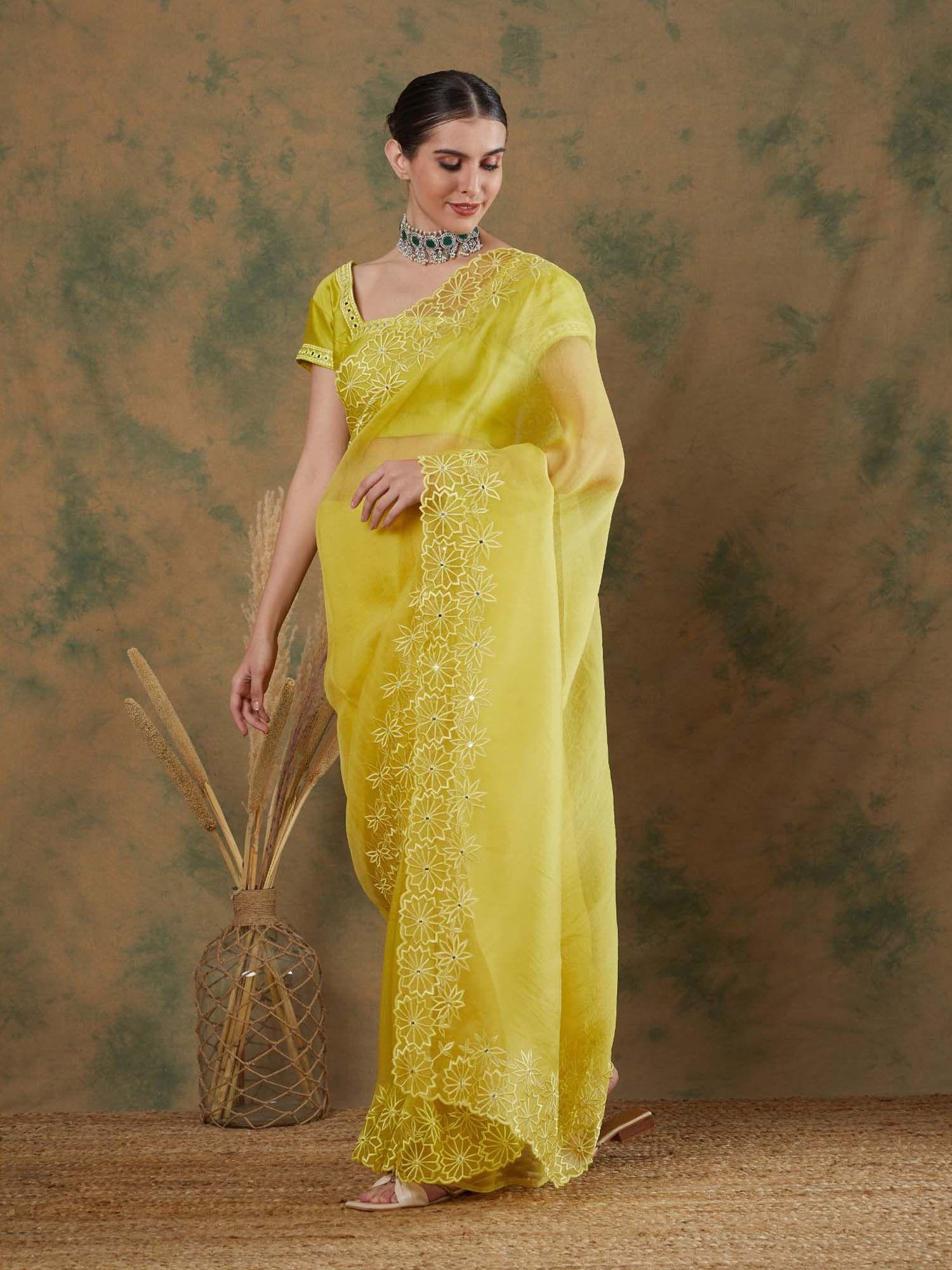 lime embroidered saree with stitched blouse