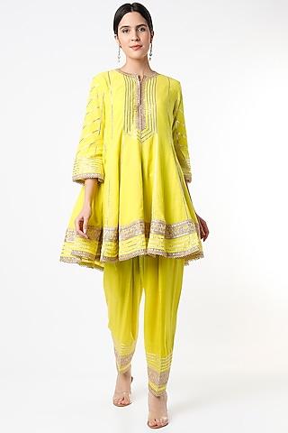 lime embroidered short anarkali set