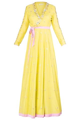 lime embroidered wrap up anarkali gown