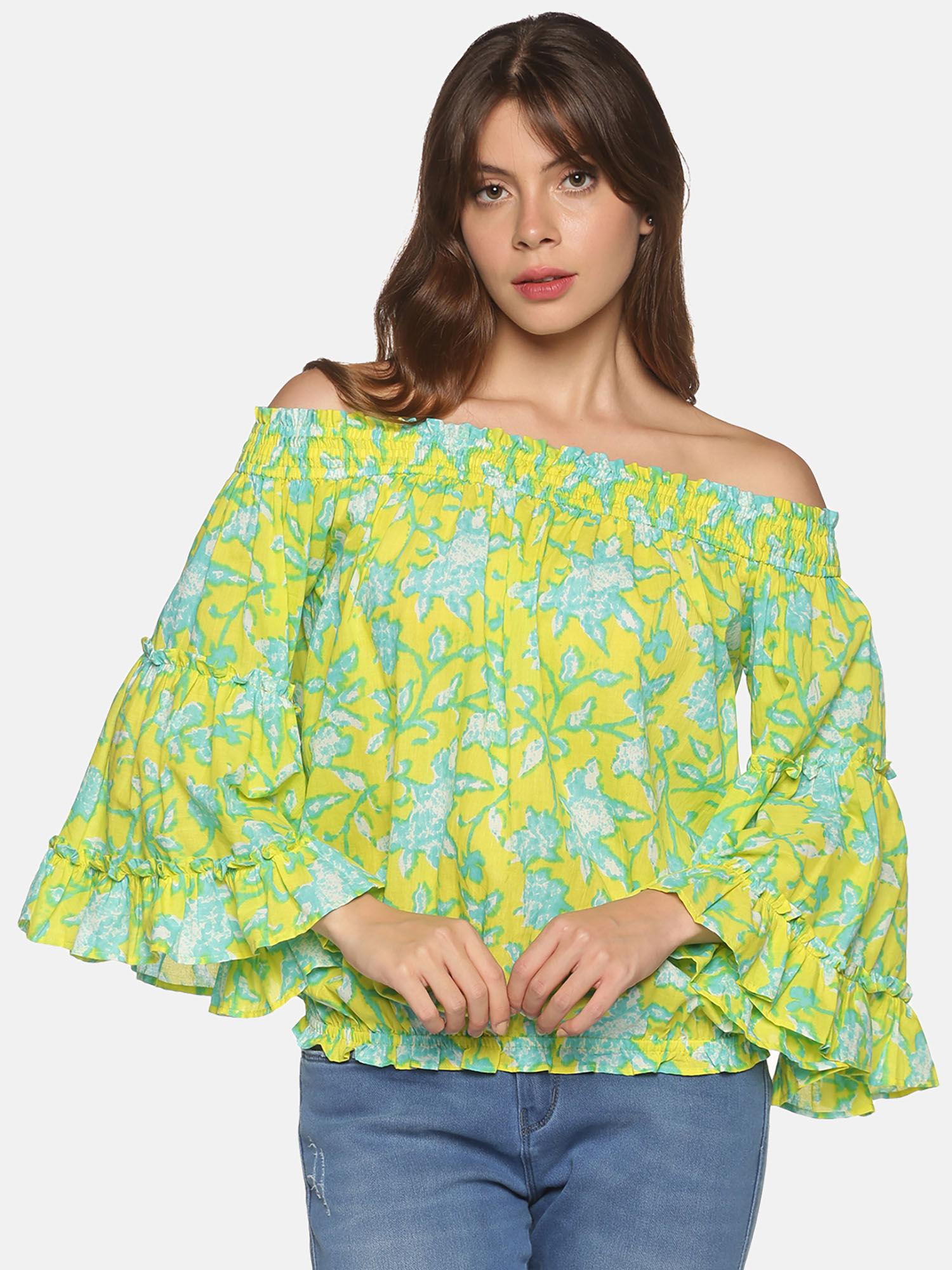 lime ethnic floral printed off shoulder top with bell sleeves