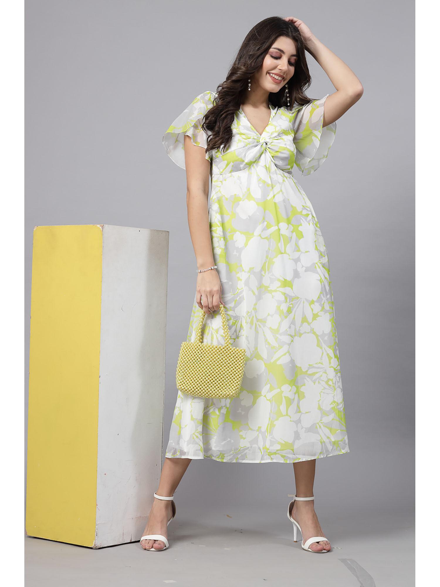 lime floral printed flared sleeves maxi dress